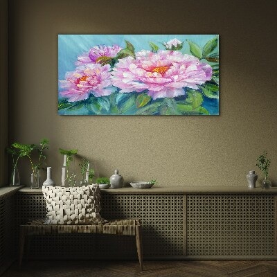Glasbild Rosa Pfingstrosen auf blauem Hintergrund