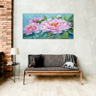 Glasbild Rosa Pfingstrosen auf blauem Hintergrund