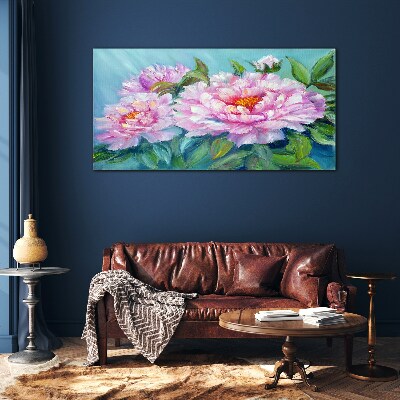 Glasbild Rosa Pfingstrosen auf blauem Hintergrund