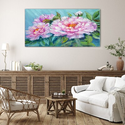 Glasbild Rosa Pfingstrosen auf blauem Hintergrund