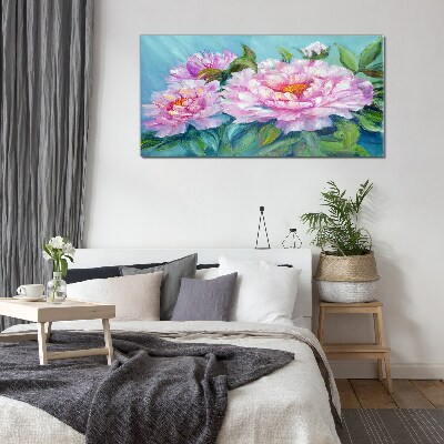 Glasbild Rosa Pfingstrosen auf blauem Hintergrund