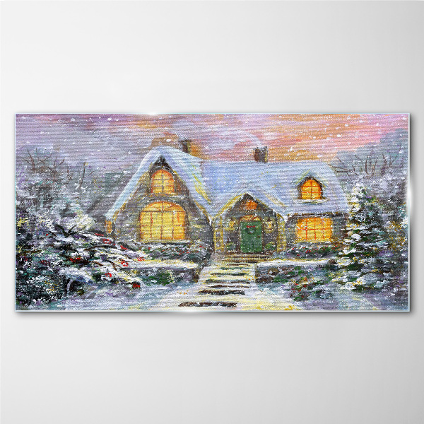 Foto auf glas Winterlandschaft mit einem Haus im Wald