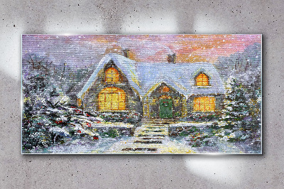 Foto auf glas Winterlandschaft mit einem Haus im Wald