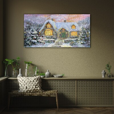 Foto auf glas Winterlandschaft mit einem Haus im Wald