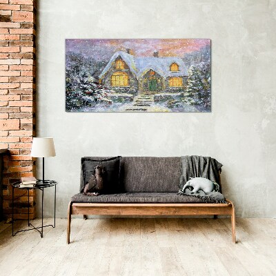 Foto auf glas Winterlandschaft mit einem Haus im Wald