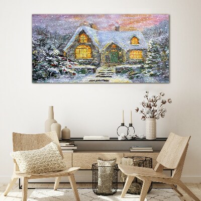 Foto auf glas Winterlandschaft mit einem Haus im Wald