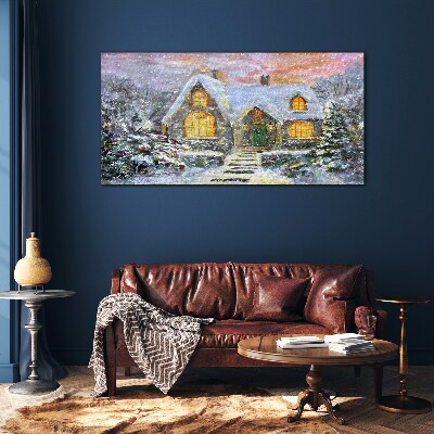 Foto auf glas Winterlandschaft mit einem Haus im Wald