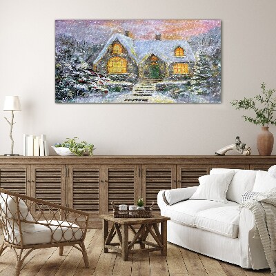 Foto auf glas Winterlandschaft mit einem Haus im Wald