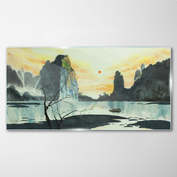 Glasbild Eine friedliche Landschaft mit einem Berg und einem Boot