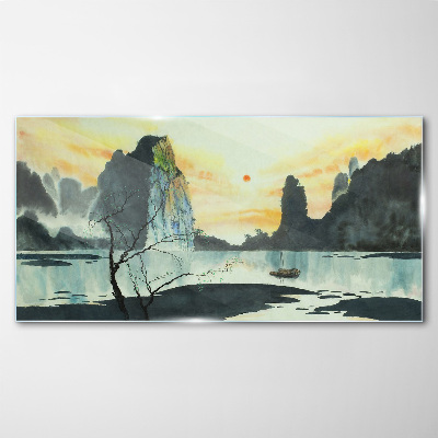 Glasbild Eine friedliche Landschaft mit einem Berg und einem Boot
