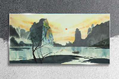 Glasbild Eine friedliche Landschaft mit einem Berg und einem Boot