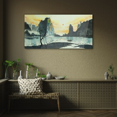 Glasbild Eine friedliche Landschaft mit einem Berg und einem Boot