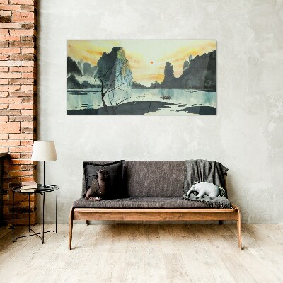 Glasbild Eine friedliche Landschaft mit einem Berg und einem Boot