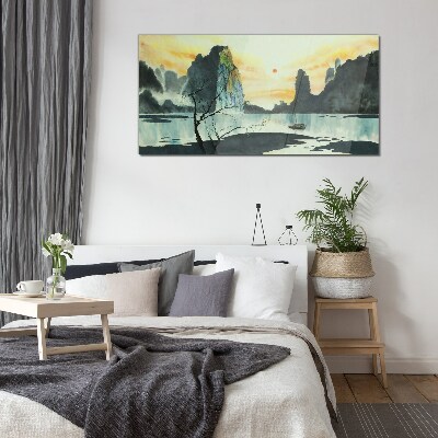 Glasbild Eine friedliche Landschaft mit einem Berg und einem Boot