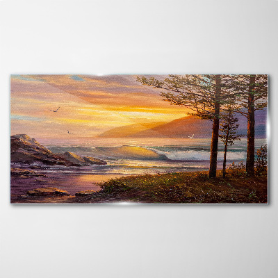 Foto glasbild Bäume Wellen Sonnenuntergang