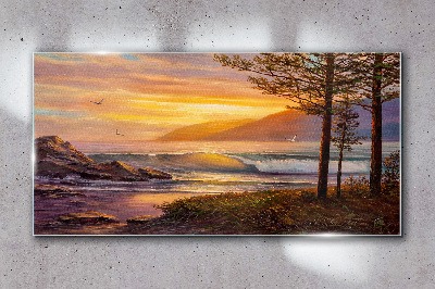 Foto glasbild Bäume Wellen Sonnenuntergang