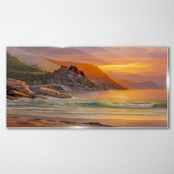 Glasbild Sonnenuntergang über der Bergküste