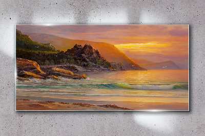 Glasbild Sonnenuntergang über der Bergküste
