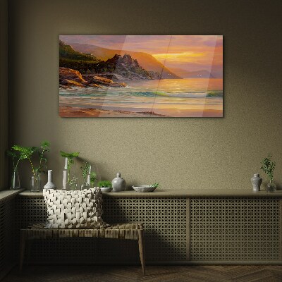 Glasbild Sonnenuntergang über der Bergküste