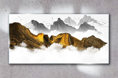 Glasbild Goldene Berge in den Wolken