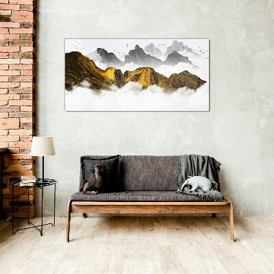 Glasbild Goldene Berge in den Wolken