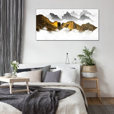 Glasbild Goldene Berge in den Wolken