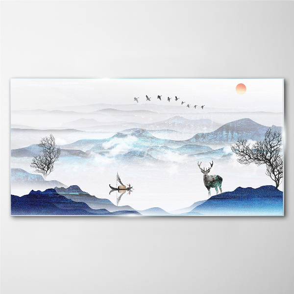 Glasbild Friedliche Berglandschaft mit Hirsch