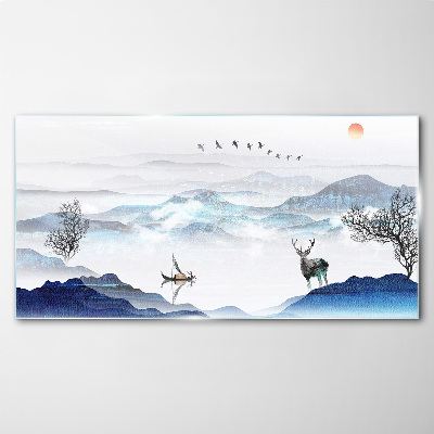 Glasbild Friedliche Berglandschaft mit Hirsch