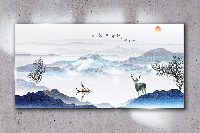 Glasbild Friedliche Berglandschaft mit Hirsch
