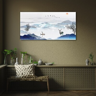Glasbild Friedliche Berglandschaft mit Hirsch