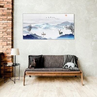 Glasbild Friedliche Berglandschaft mit Hirsch