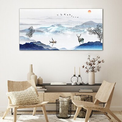 Glasbild Friedliche Berglandschaft mit Hirsch