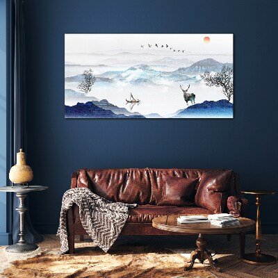 Glasbild Friedliche Berglandschaft mit Hirsch