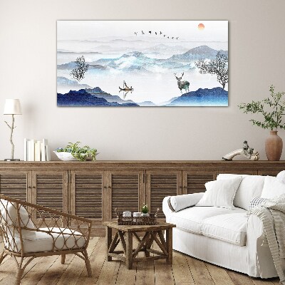 Glasbild Friedliche Berglandschaft mit Hirsch