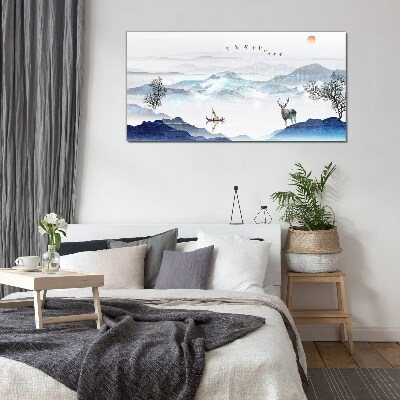 Glasbild Friedliche Berglandschaft mit Hirsch