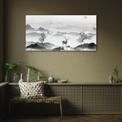 Glasbild Friedliche Landschaft mit Hirschen