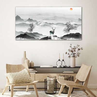 Glasbild Friedliche Landschaft mit Hirschen