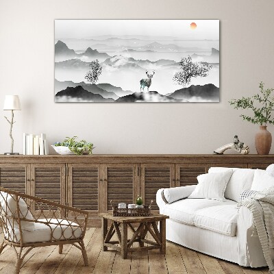 Glasbild Friedliche Landschaft mit Hirschen