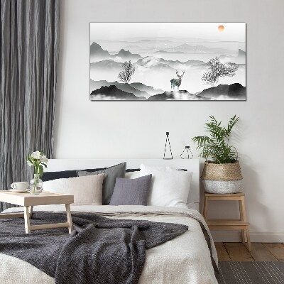 Glasbild Friedliche Landschaft mit Hirschen