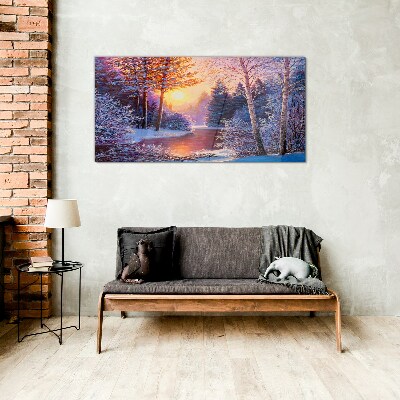 Glasbild Winterdämmerung über dem Fluss