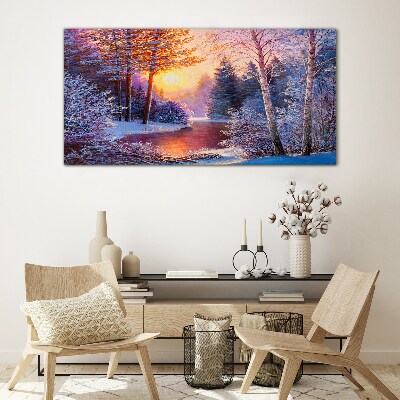 Glasbild Winterdämmerung über dem Fluss