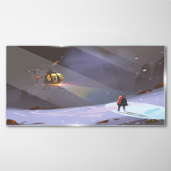 Glasbild Berge Schnee Hubschrauber