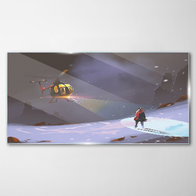 Glasbild Berge Schnee Hubschrauber