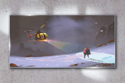 Glasbild Hubschrauber in einer Berglandschaft