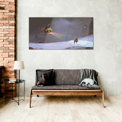Glasbild Hubschrauber in einer Berglandschaft