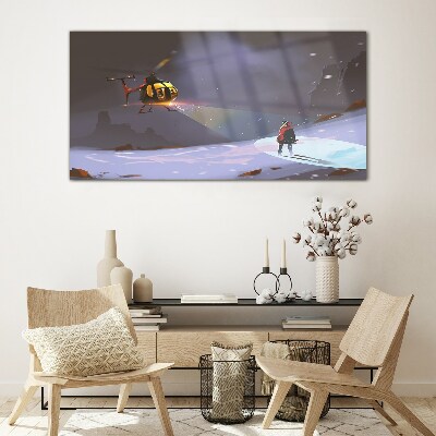 Glasbild Hubschrauber in einer Berglandschaft