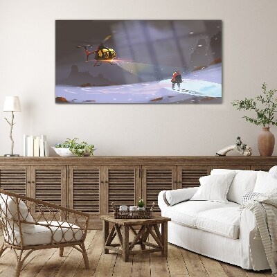 Glasbild Hubschrauber in einer Berglandschaft