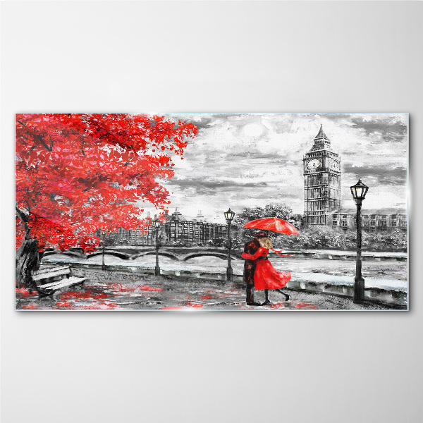 Bild auf glas Roter Regenschirm im regnerischen London