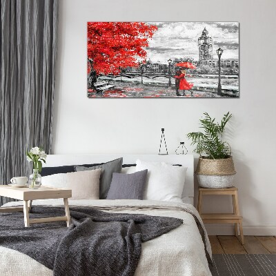 Bild auf glas Roter Regenschirm im regnerischen London