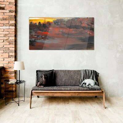 Glasbild Sonnenuntergang über einer Vulkanlandschaft
